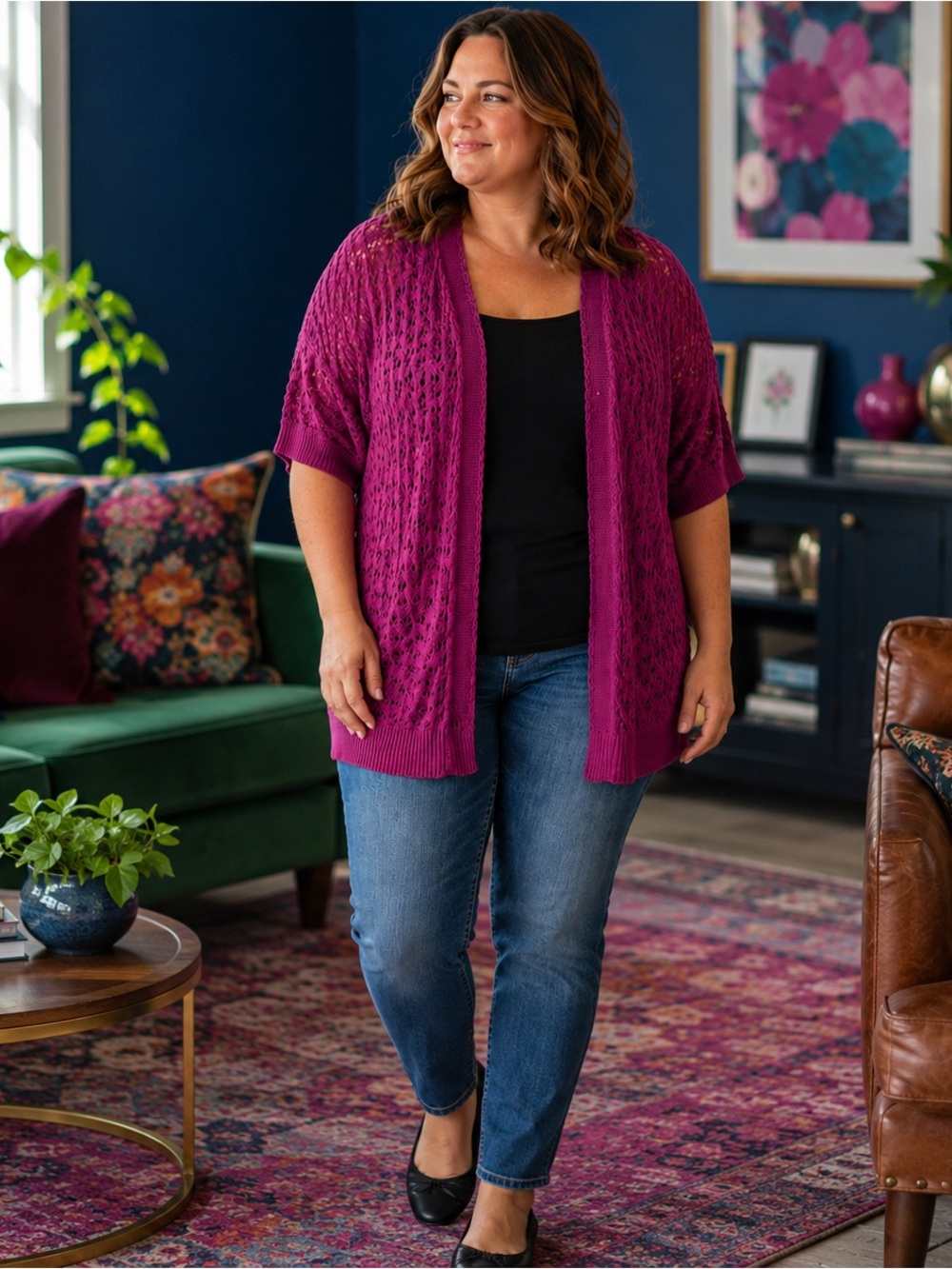 Lane Bryant Open-Front Short-Sleeve Cardigan in Fuchsia